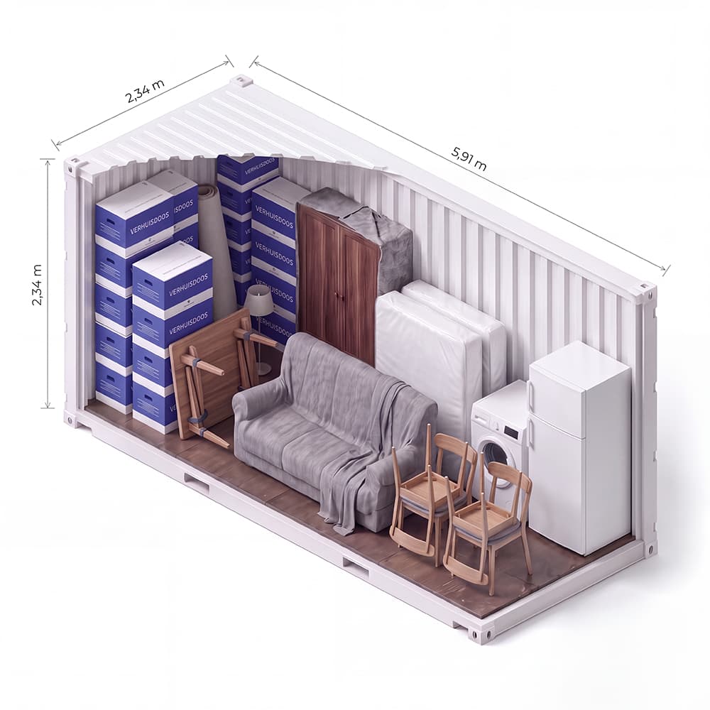 Opengewerkte 20ft opslagcontainer van 33 m³ met complete inboedel van een eengezinswoning