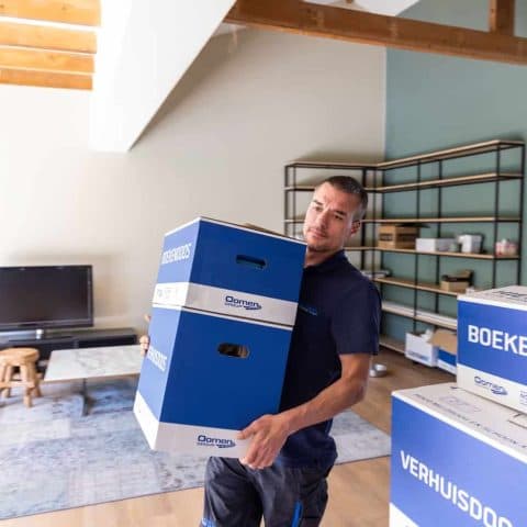 Oomen mover carrying a book box through the living room