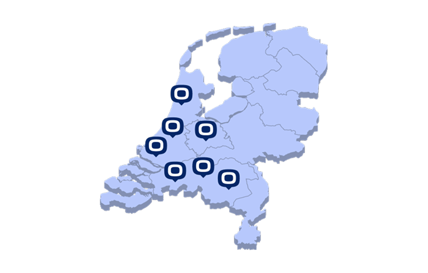 Map of the Netherlands with the Oomen locations in the Randstad and Noord-Brabant