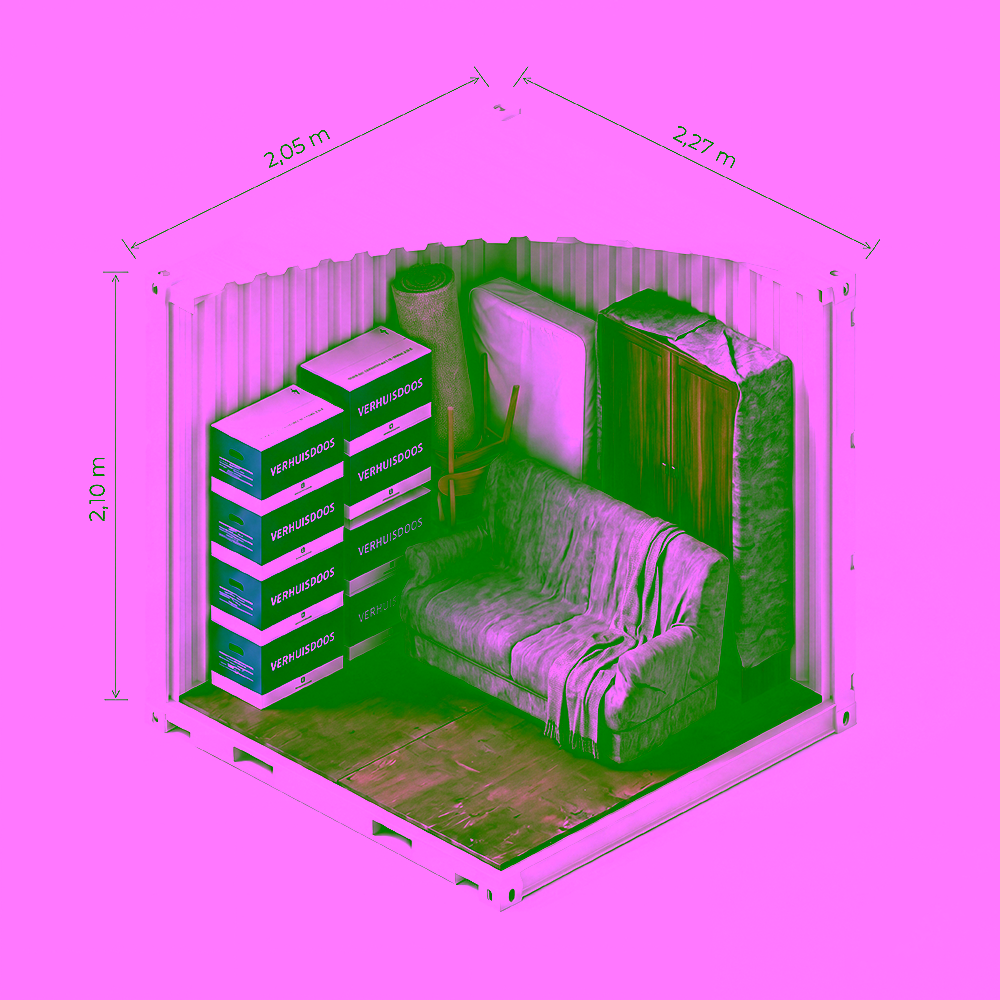 Cutaway 8ft storage container of 10 m³ with a cabinet, mattress and moving boxes