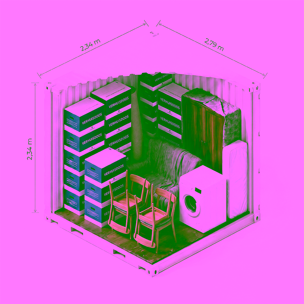 Cutaway 10ft storage container of 16 m³ with a washing machine, chairs, cabinet and moving boxes