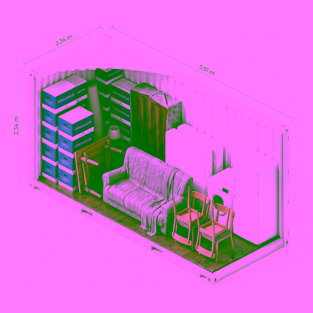 Cutaway 20ft storage container of 33 m³ with complete contents