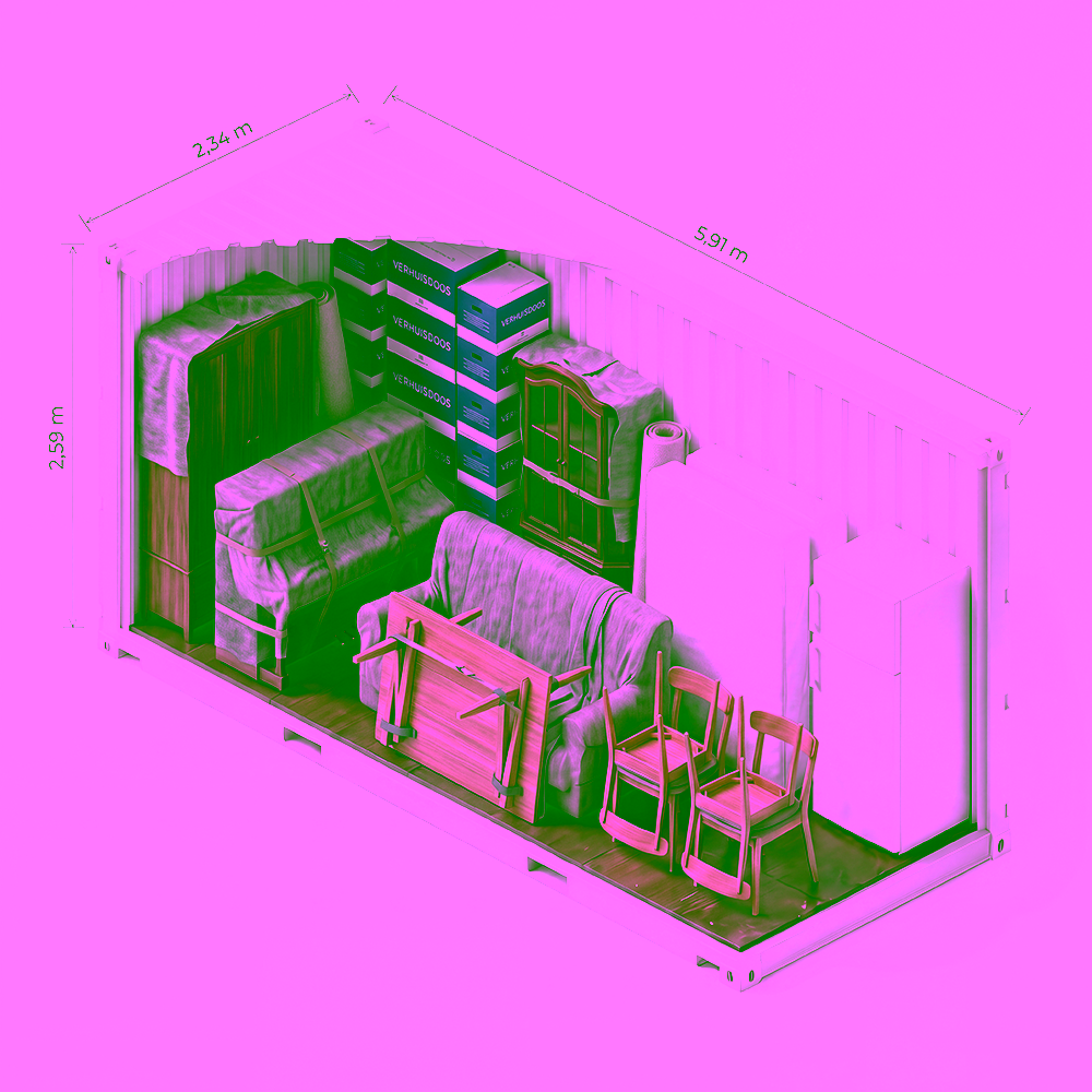 Cutaway 20ft high cube storage container of 37 m³ with wrapped furniture and moving boxes