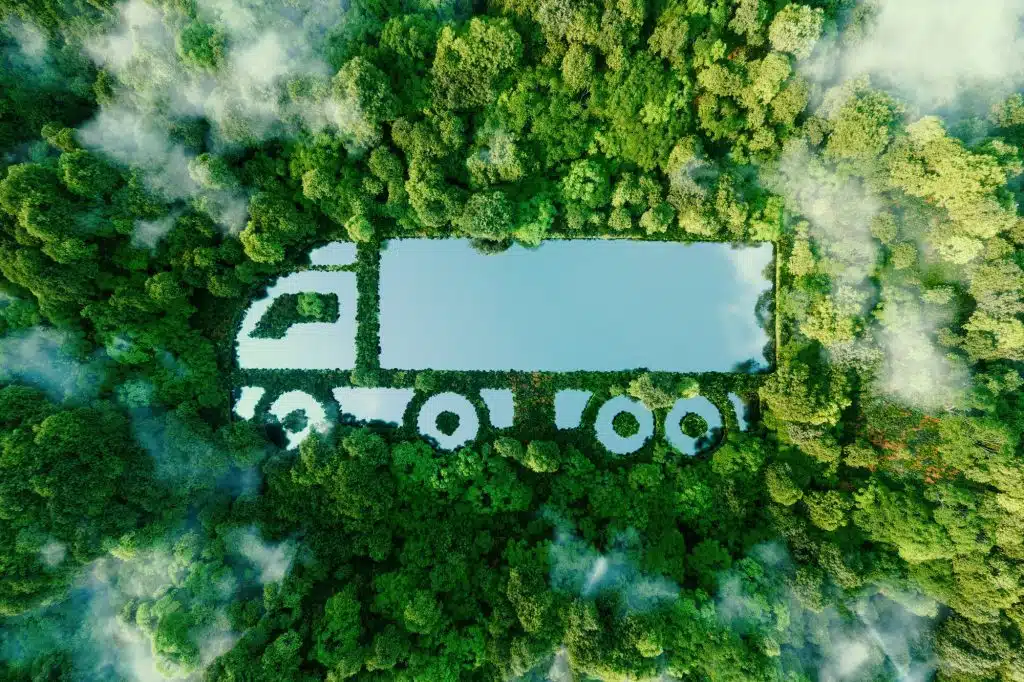 truck shaped lake midst pristine nature illustrating concept clean greenhouse free transport form electric hybrid hydrogen propulsion 3d rendering